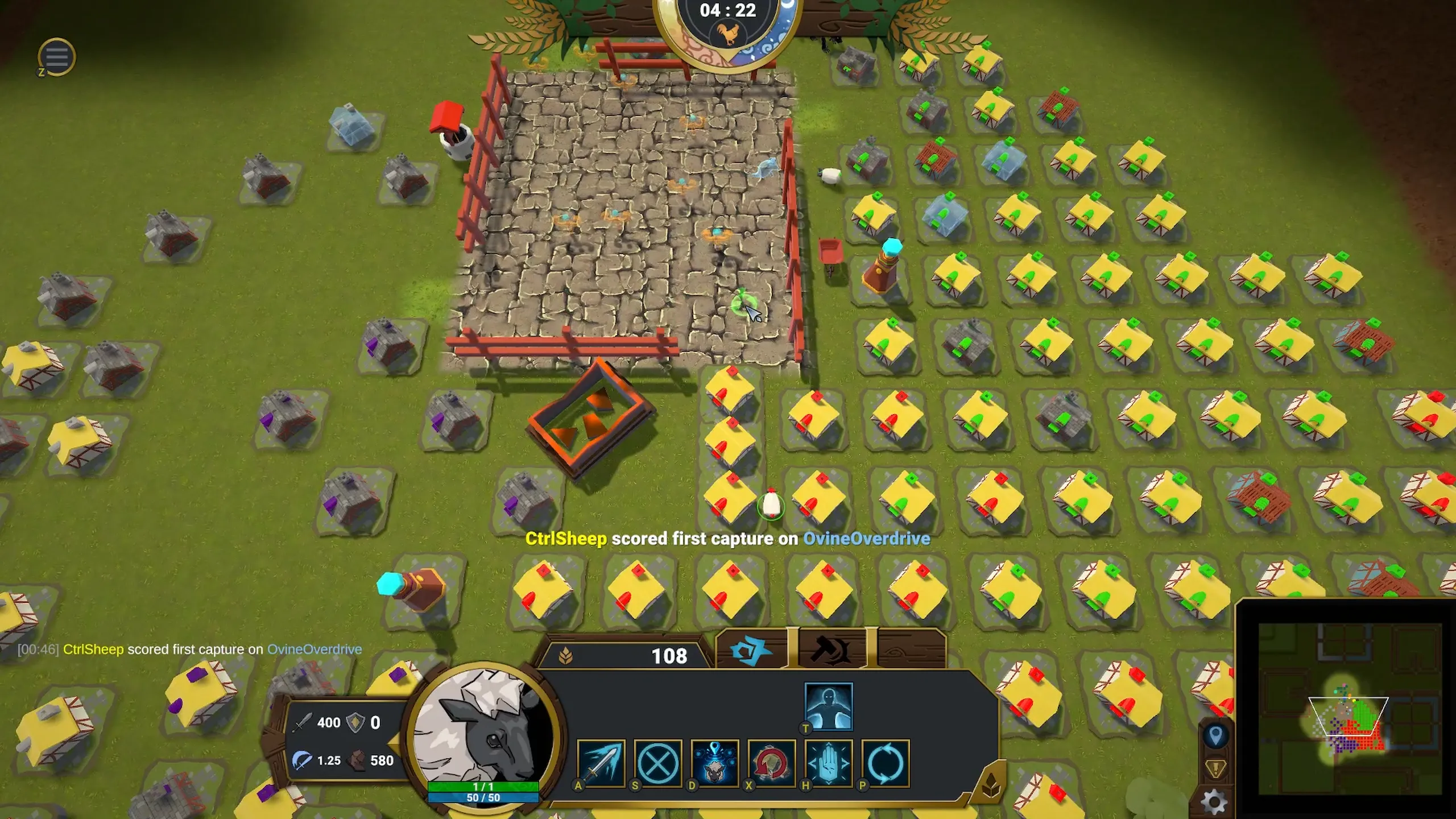 A Sheep builds a dense grid of farms across a green pasture, right up against the fenced Wolf pen.