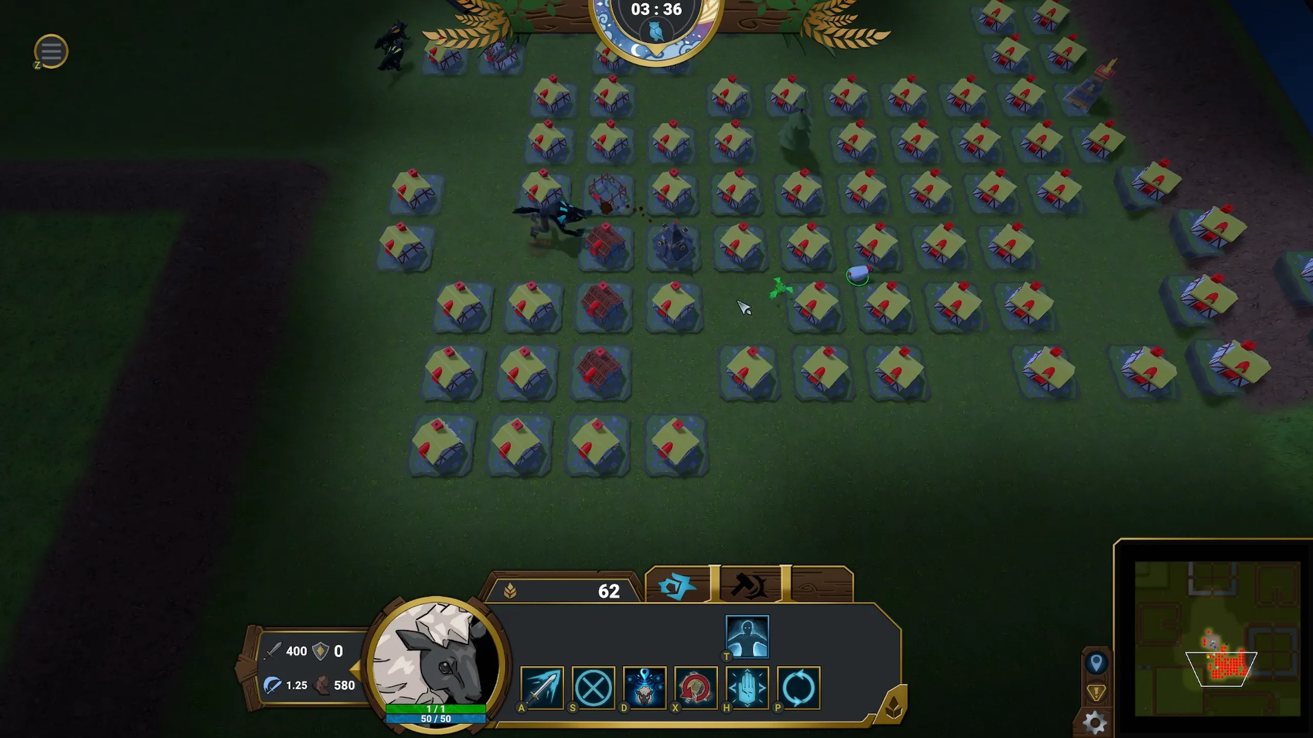 A Wolf slips between the farms of a half-finished maze on a dark grassland map.