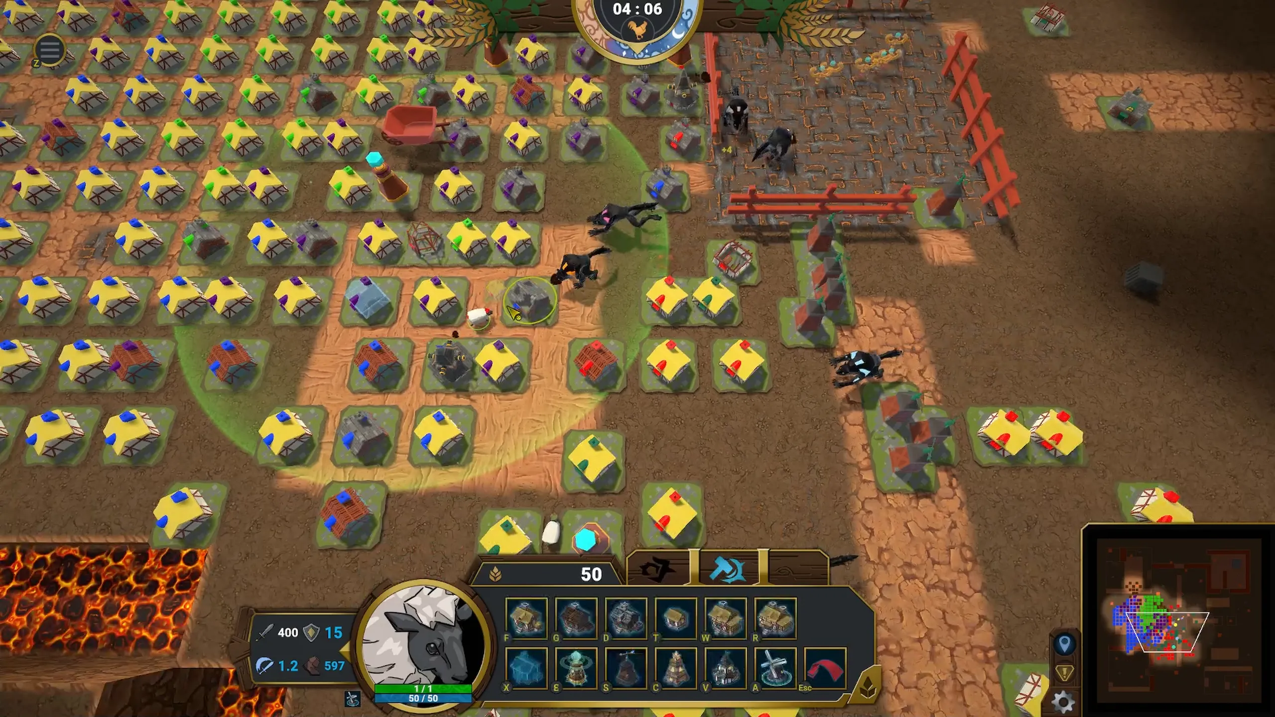 A huge colourful maze of farms covers a sunlit desert canyon map, with Wolves gathering by the pen.