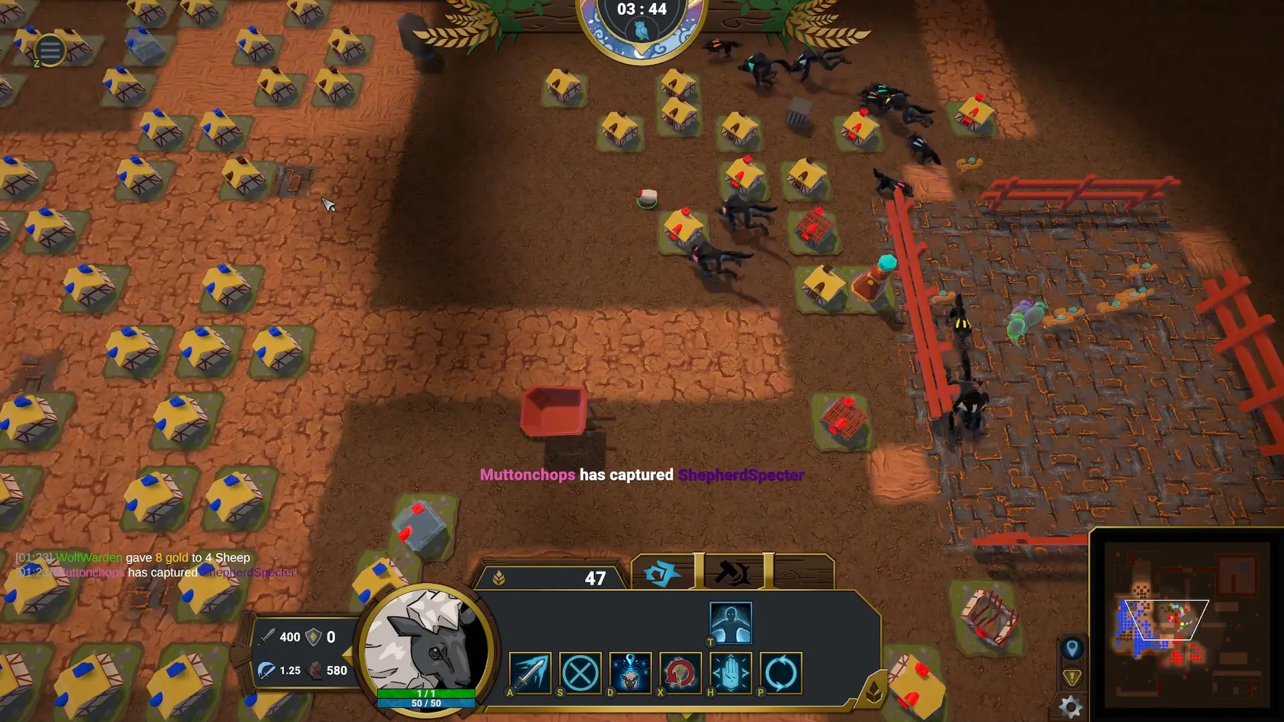 A kill feed reads that a Wolf has captured a Sheep while the pack swarms the farms below.
