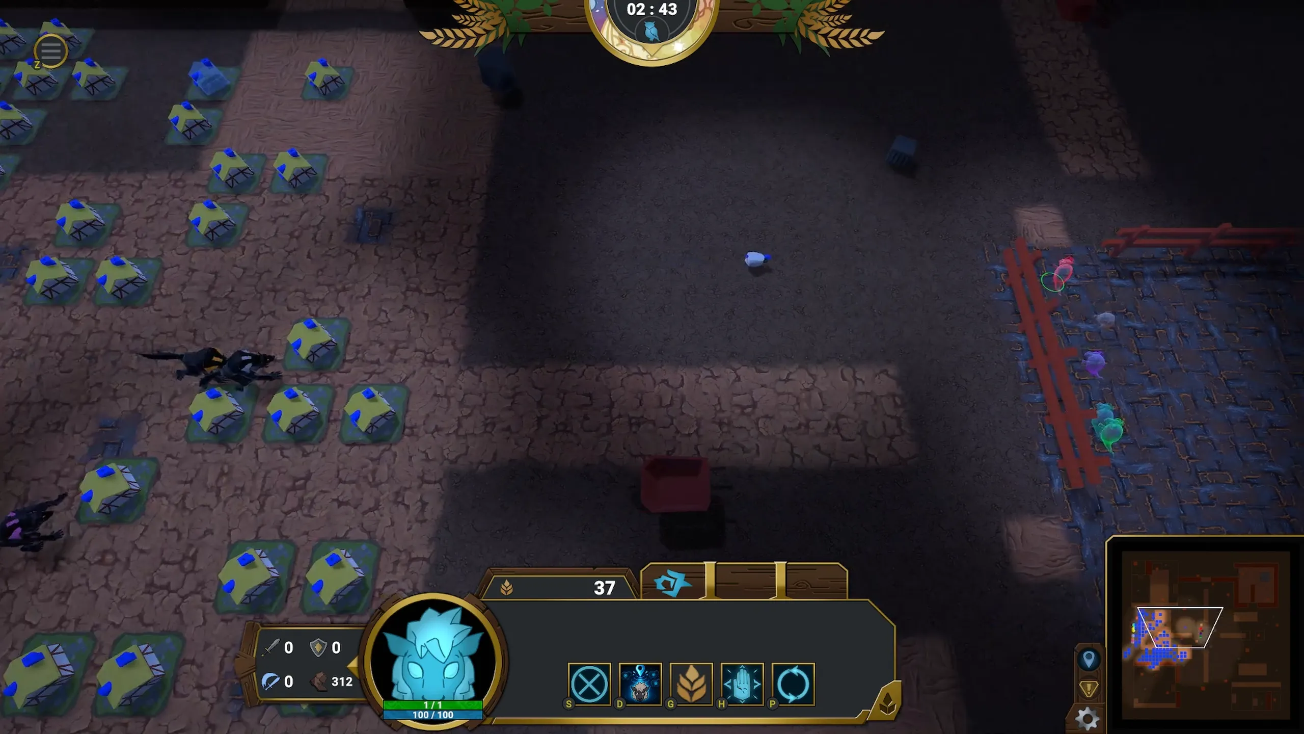 A Sheep heads for the fenced pen where captured team-mates drift as glowing spirits, its maze of farms left behind.