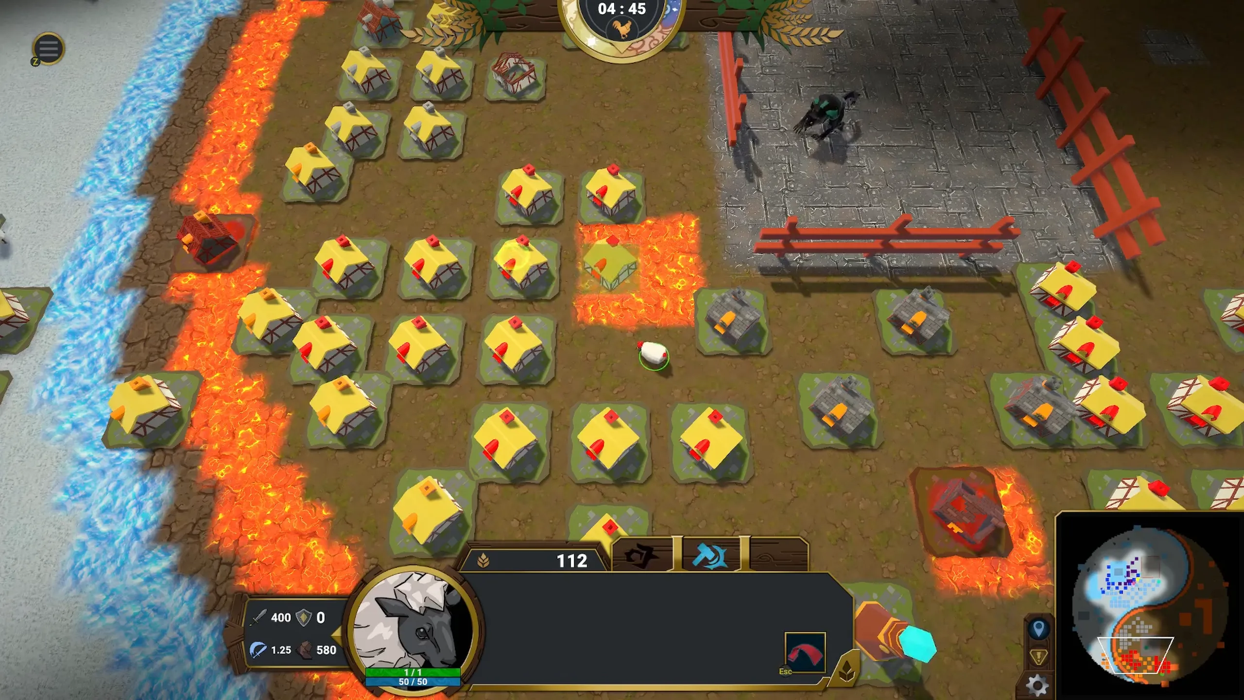 Rows of golden farms are packed along a river of lava on a volcanic map.