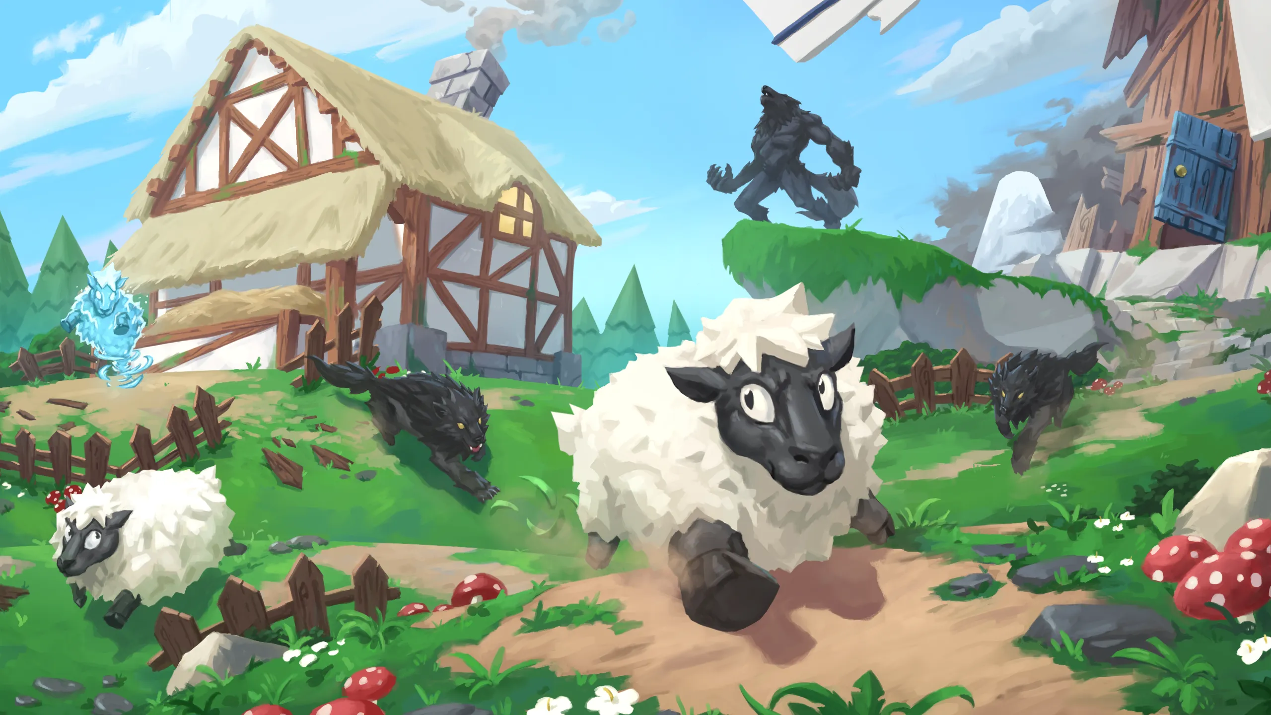 Sheep Tag 2 key art: a Sheep flees a pack of Wolves across a bright green pasture.